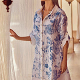 David Maderia Blue & White Flower Print Shirt Style Dress