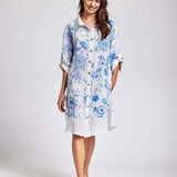 David Maderia Blue & White Flower Print Shirt Style Dress