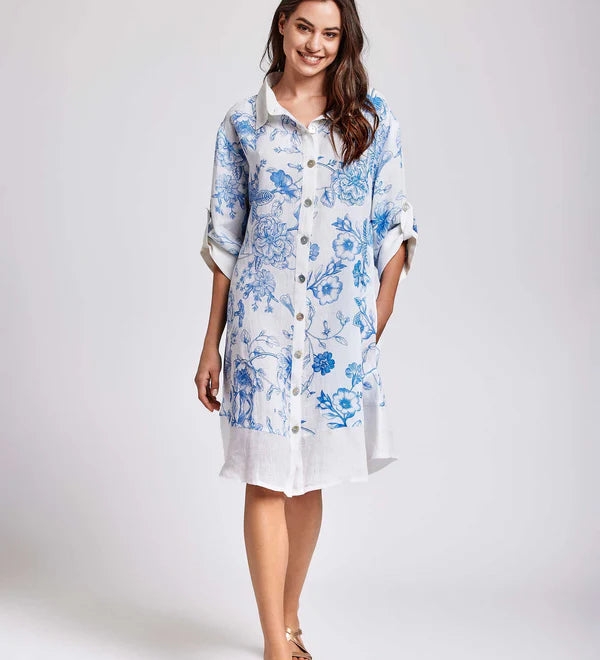 David Maderia Blue & White Flower Print Shirt Style Dress