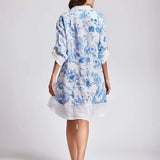 David Maderia Blue & White Flower Print Shirt Style Dress