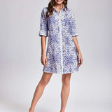 David Maderia Blue & White Print Shirt Style Dress